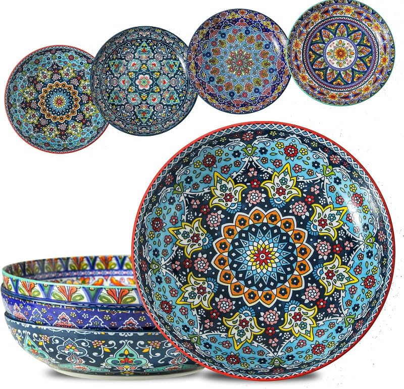 Glowworm pasta bowls set of 4 with 42 oz capacity in Bohemian style for stylish dining