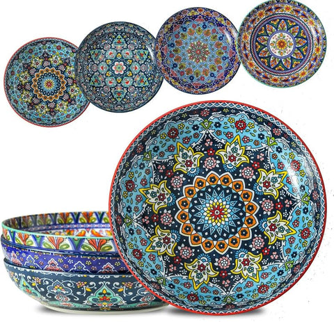 Glowworm pasta bowls set of 4 with 42 oz capacity in Bohemian style for stylish dining