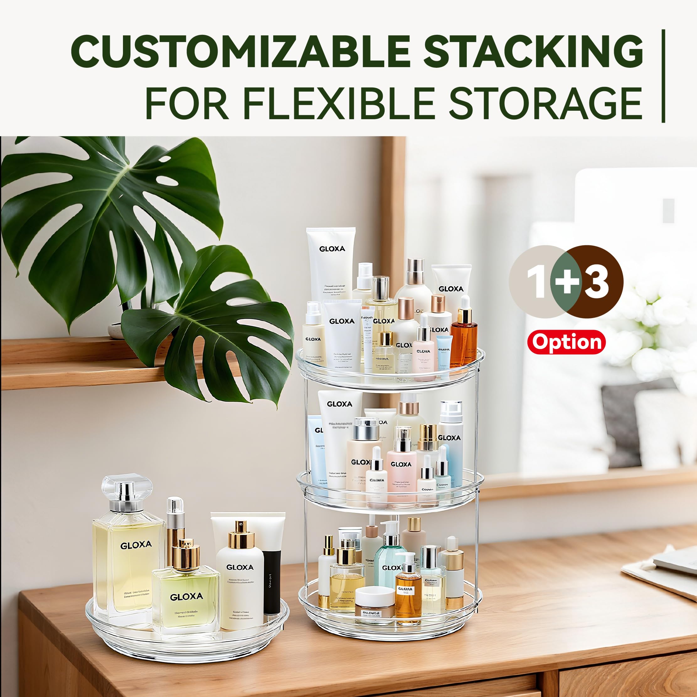 GLOXA transparent PET tiers showing contents clearly on a countertop
