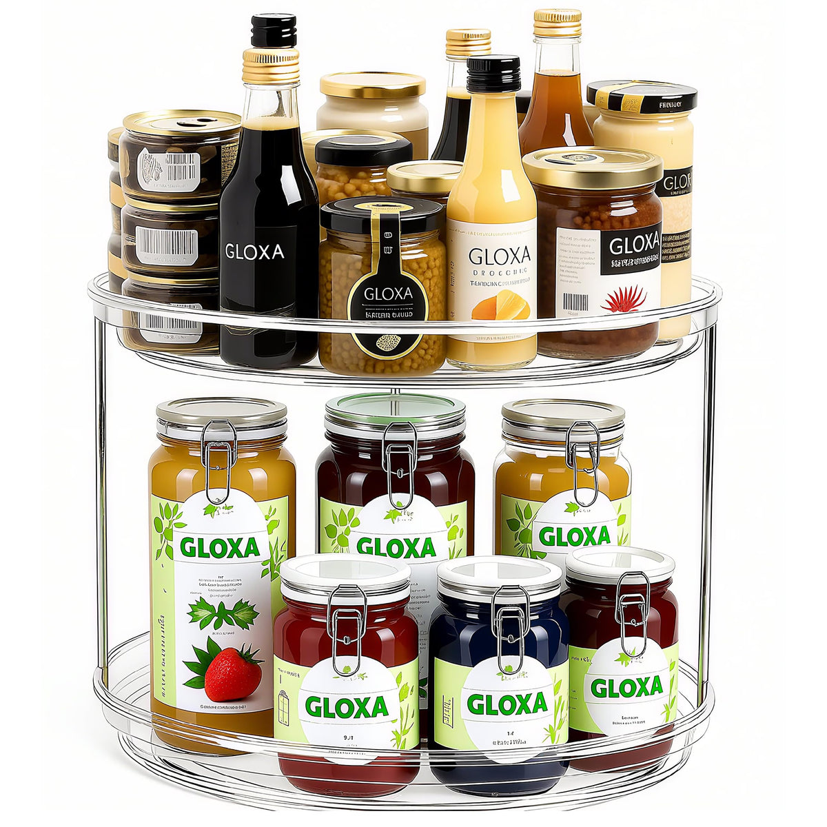 GLOXA 2-tier lazy Susan spice rack with clear visibility for easy jar access