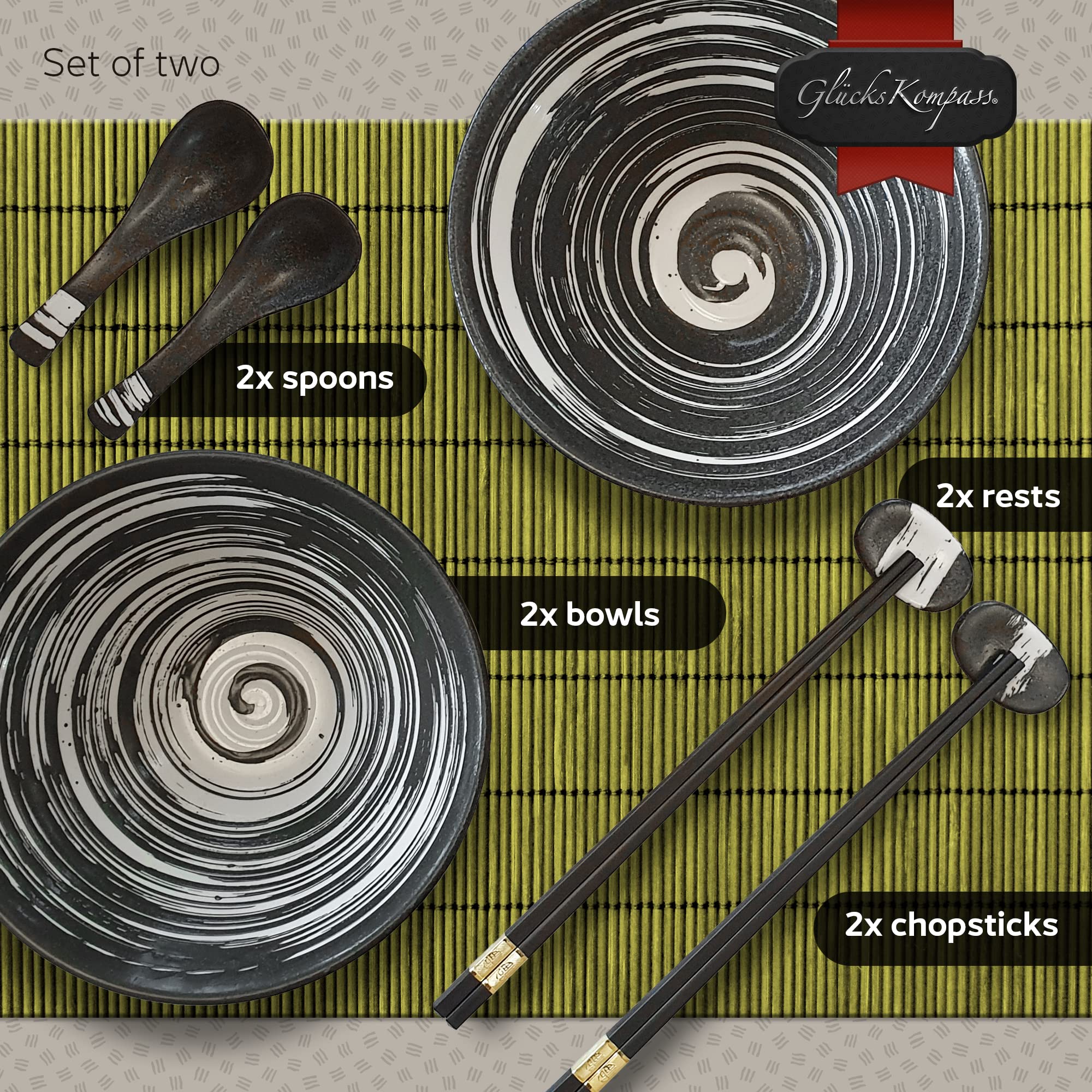Closeup of the black-and-white swirl glaze on GlucksKompass ramen bowls adds artisanal charm.