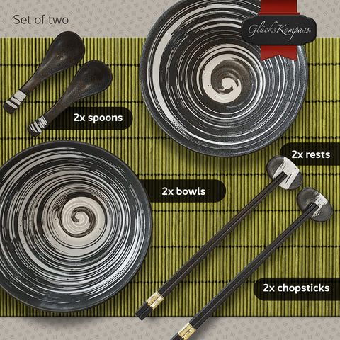 Closeup of the black-and-white swirl glaze on GlucksKompass ramen bowls adds artisanal charm.