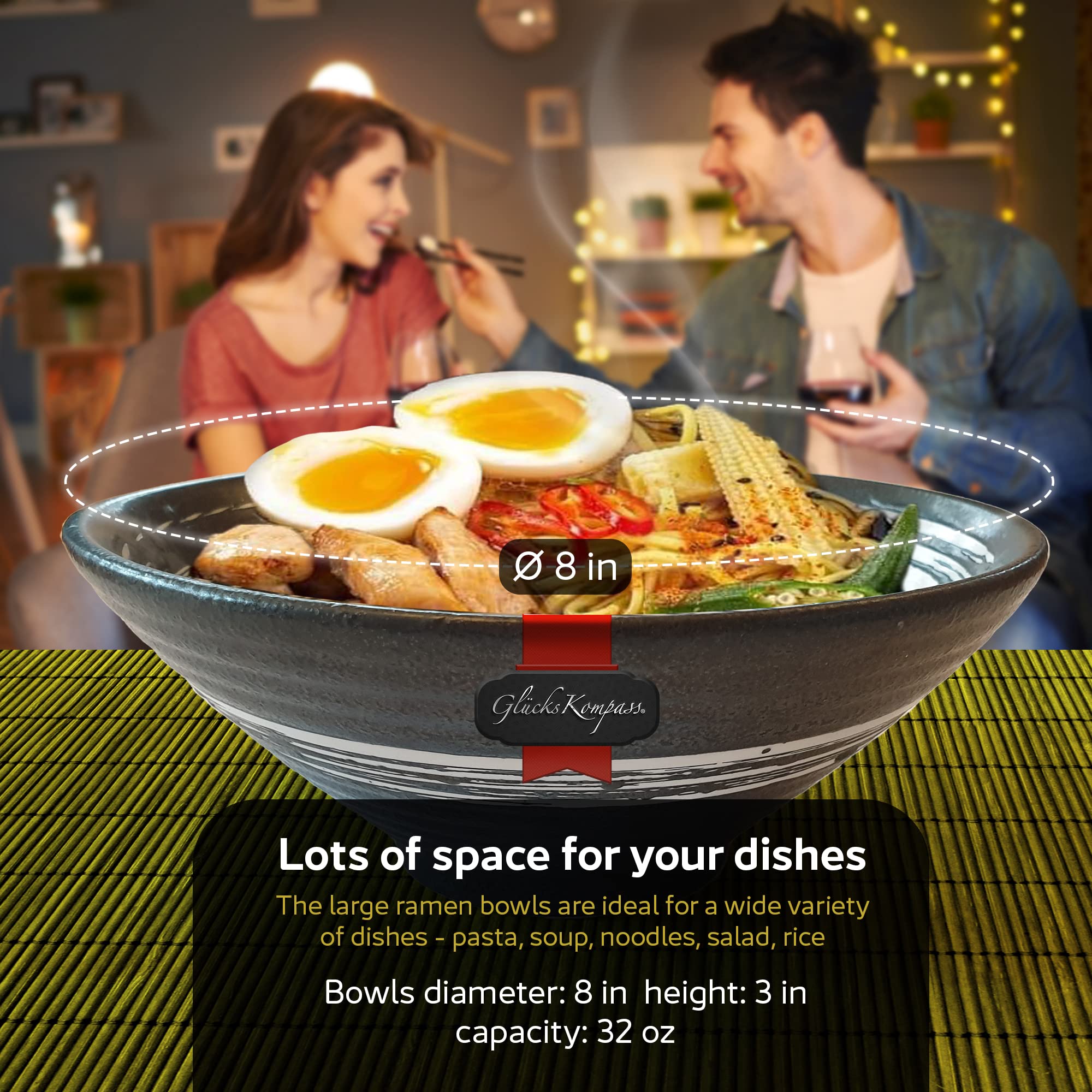 GlucksKompass ramen bowl features an 8-inch diameter for generous servings.