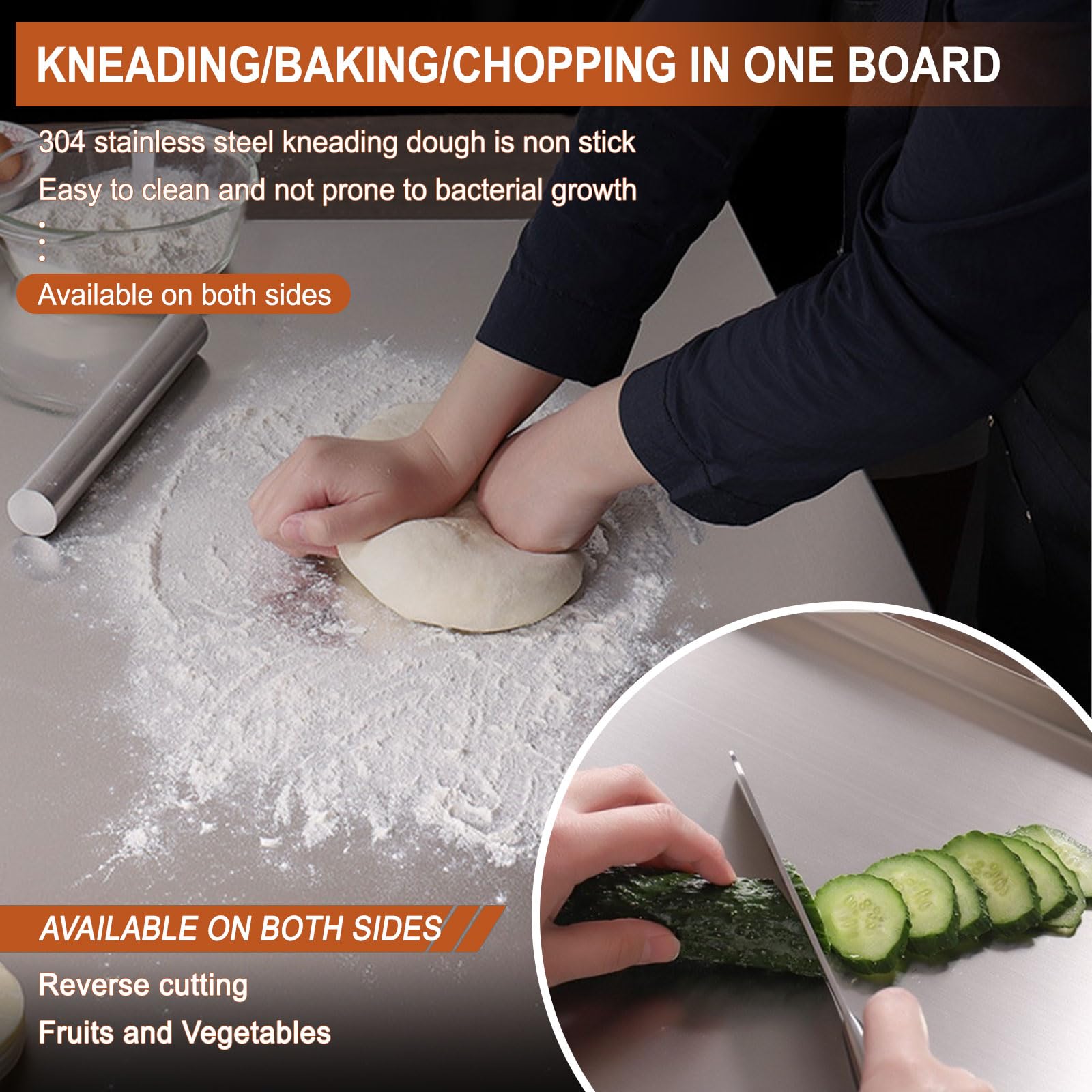 Glyncipher stainless board with non-slip bottom keeps stable while chopping meats and veggies.