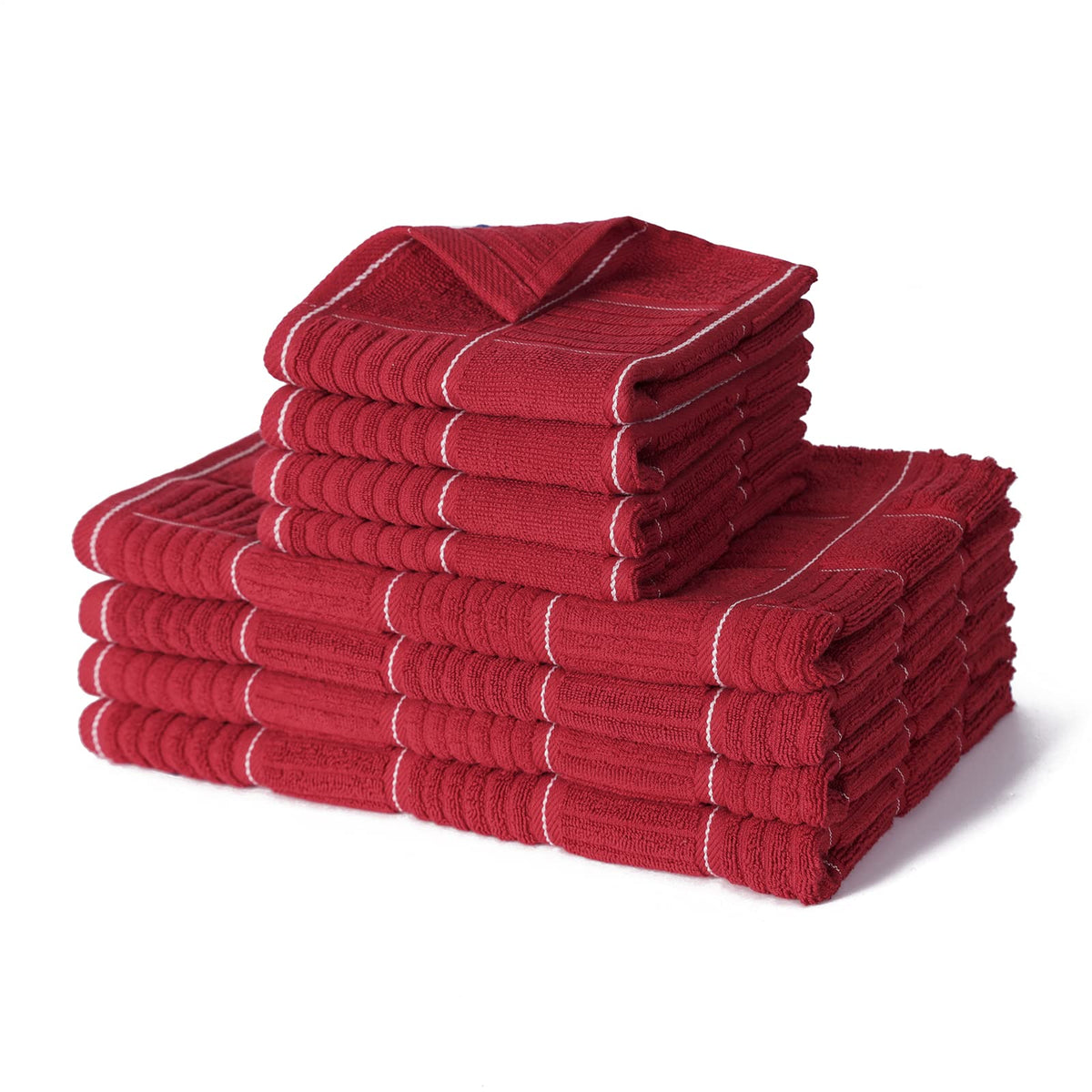 Glynniss red kitchen towels hanging on a hook for easy drying and organization.