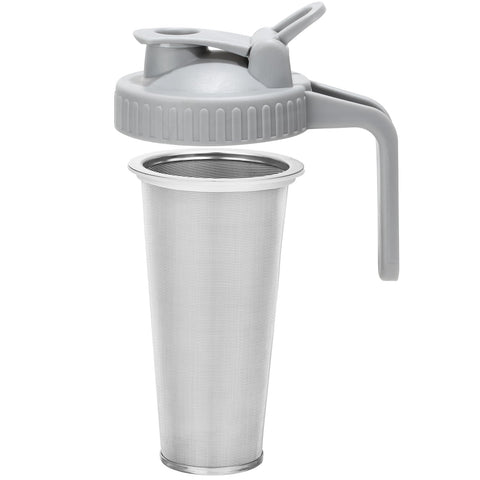 Glyntrof cold brew filter on a 32 oz wide-mouth Mason jar for smooth, spill-free pouring.