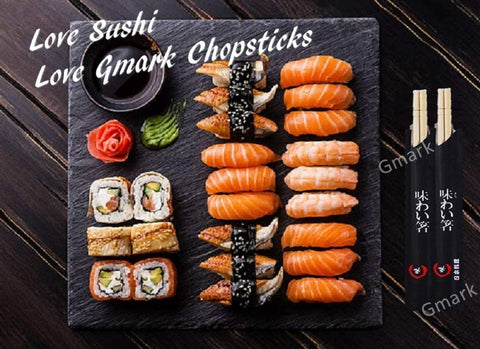 Gmark chopsticks enhancing sushi plating with an upscale look.