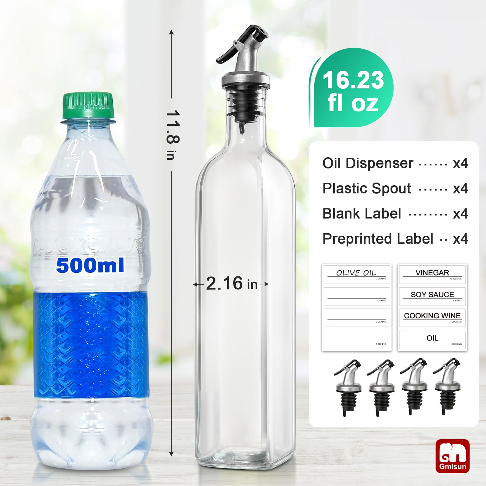 GMISUN glass oil dispenser set 4-pack organized on the counter