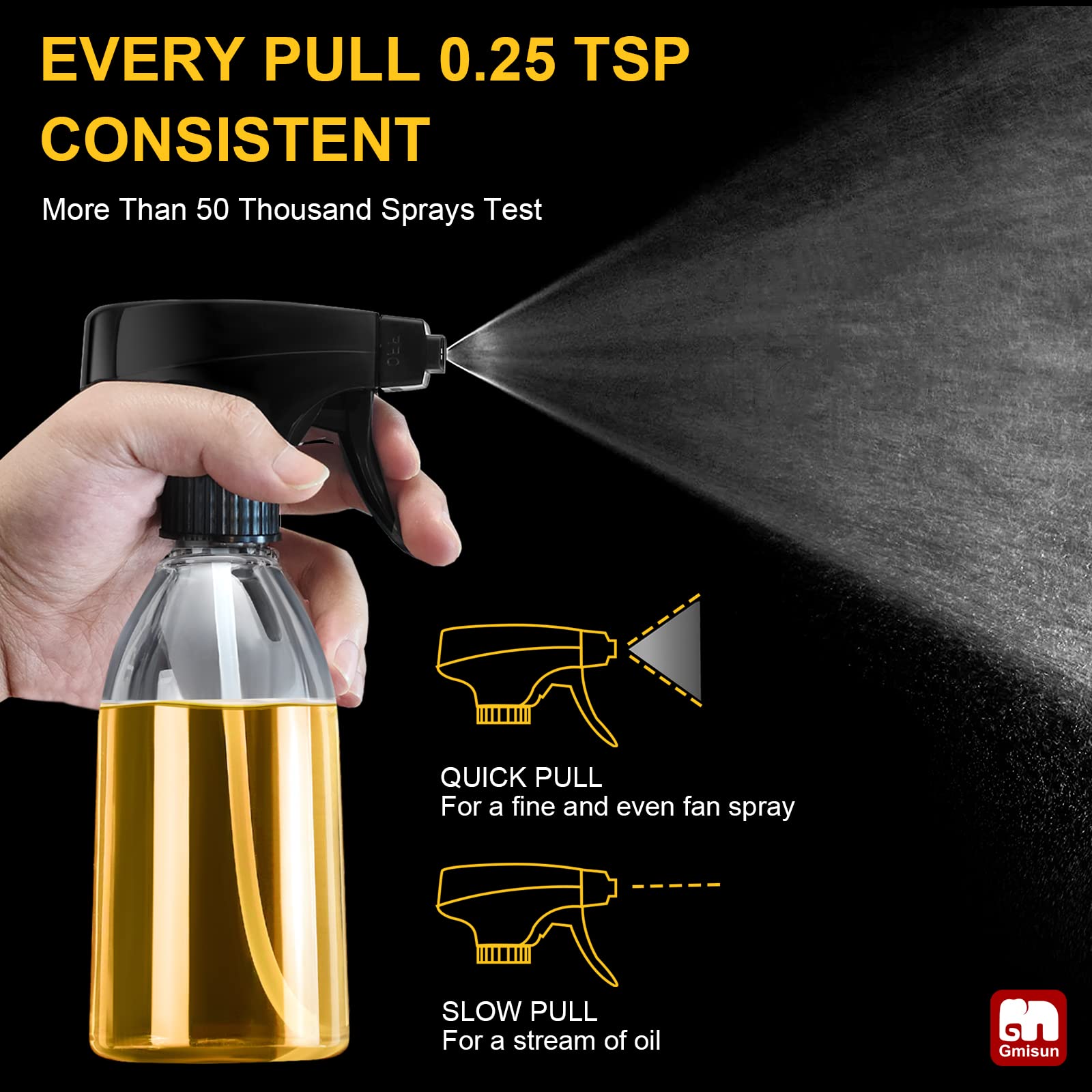 GMISUN Oil Sprayer delivers a quarter-teaspoon per pull for predictable oil usage.