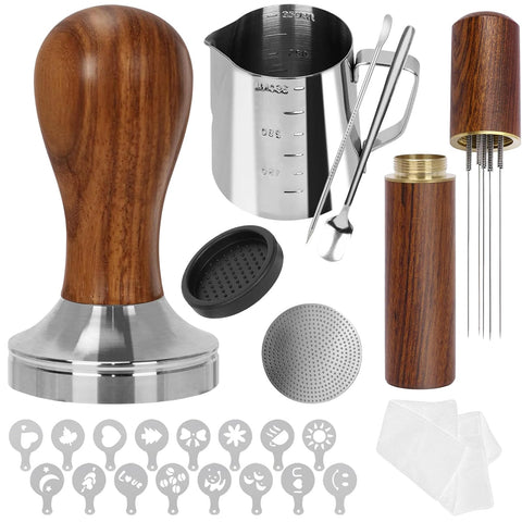 Gmnuiy 51mm coffee tamper with wooden handle for even tamping and extraction.