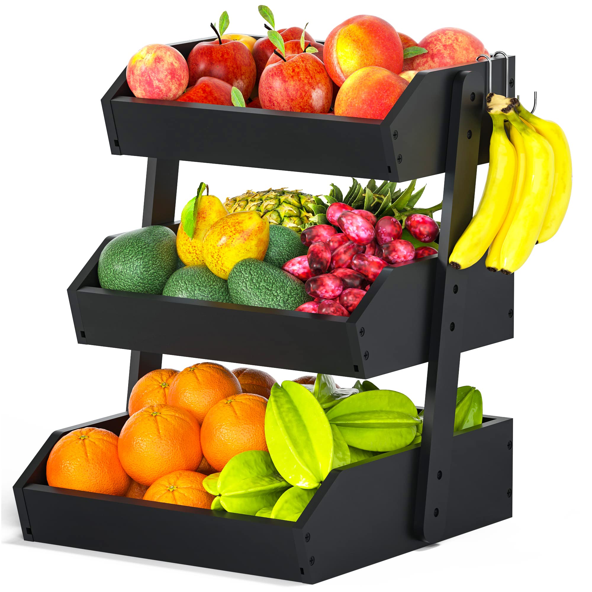 Gmtsl bamboo fruit basket with 3-tier design and banana hooks for organized storage