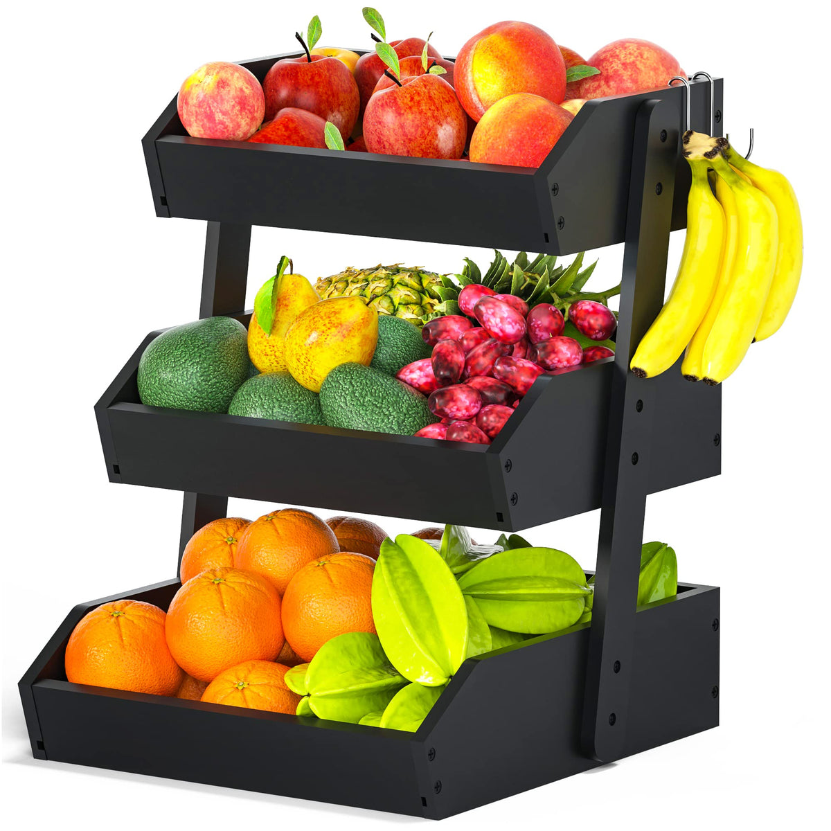 Gmtsl bamboo fruit basket with 3-tier design and banana hooks for organized storage