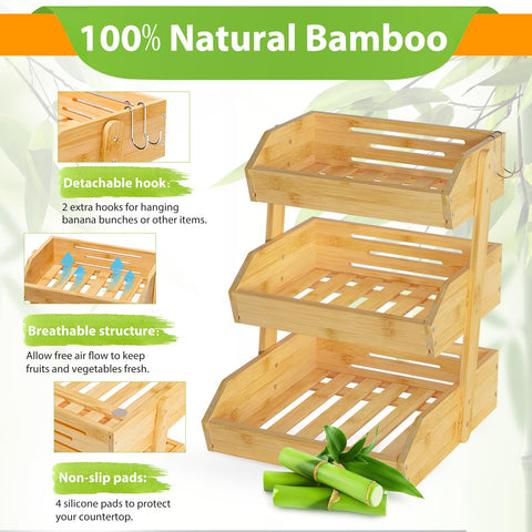 Gmtsl bamboo fruit basket with banana hooks keeps bananas neatly separated.