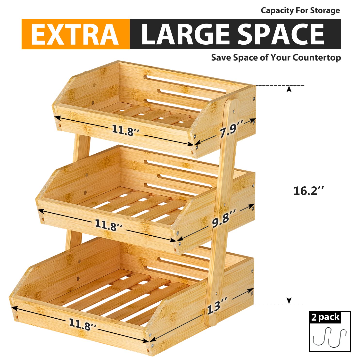 Gmtsl bamboo fruit basket on kitchen counter showcases large storage capacity.