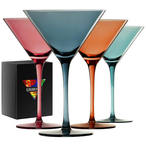 Gnimihz colored martini glasses 4-pack front view, ideal for vibrant table settings.