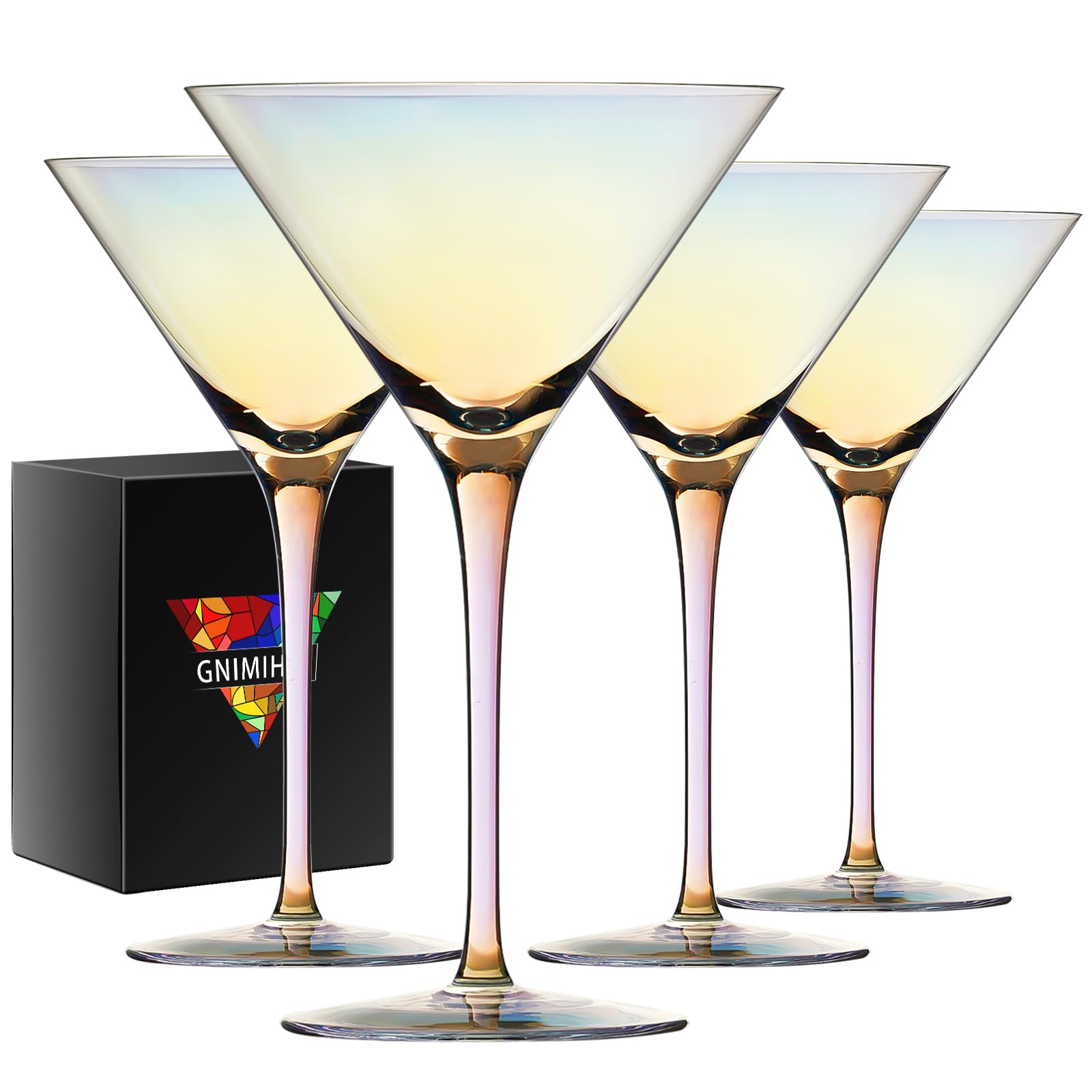 Gnimihz iridescent martini glasses set of 4 on a bar cart elevating photo-worthy cocktails.