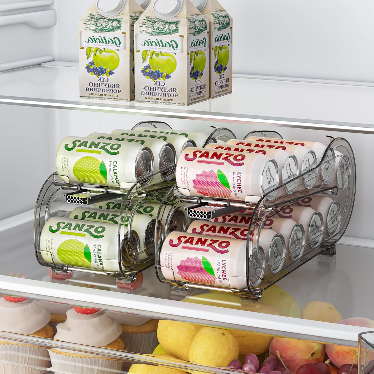 GoldOath drink organizer in fridge, front view with clear PET construction
