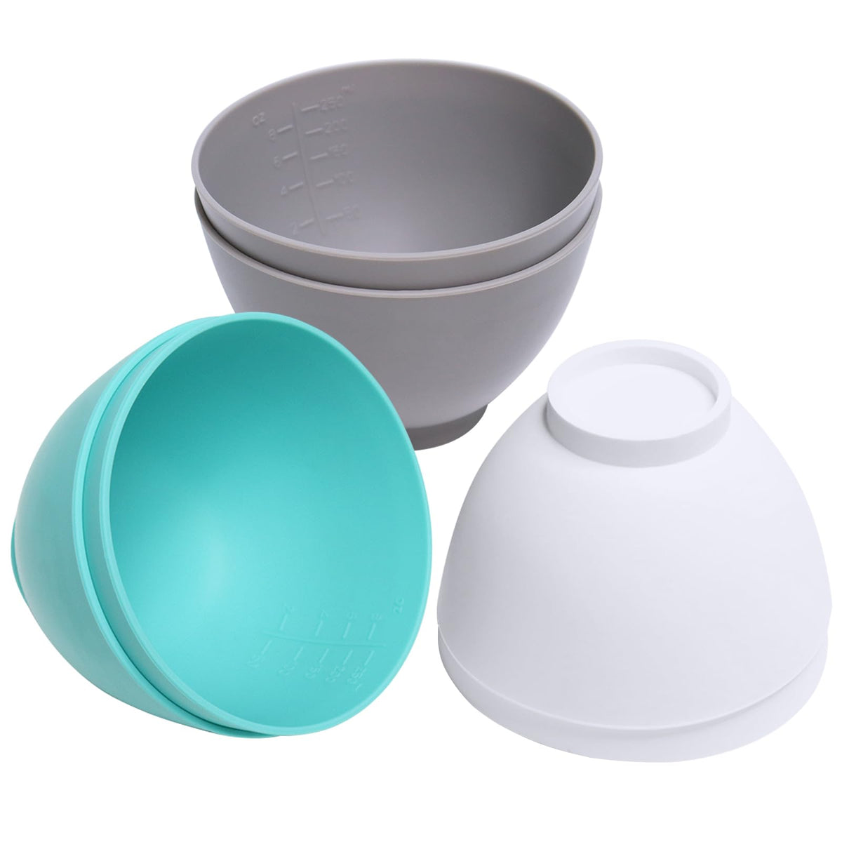 Goalfly silicone mixing bowls set in gray, white, and green with a 4.1-inch mouth for easy prep