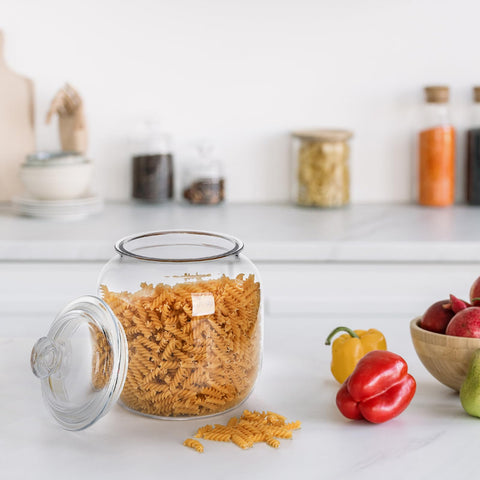 Goaste dog treats and cereals stored neatly in a stylish clear jar.
