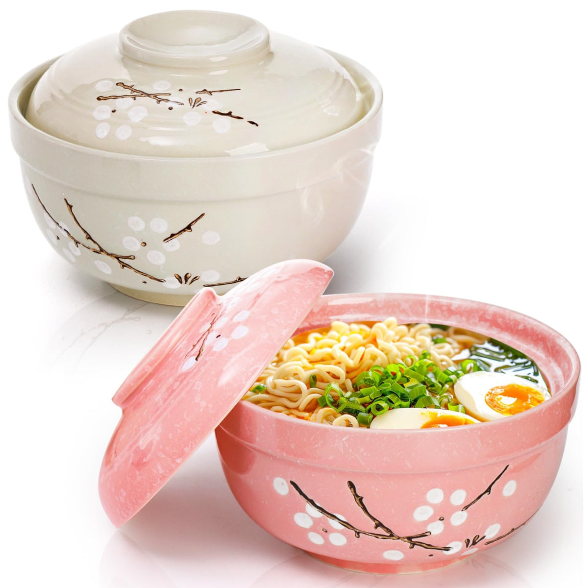 Goaste ramen bowls with plum blossom design in pink and cyan for stylish meals.