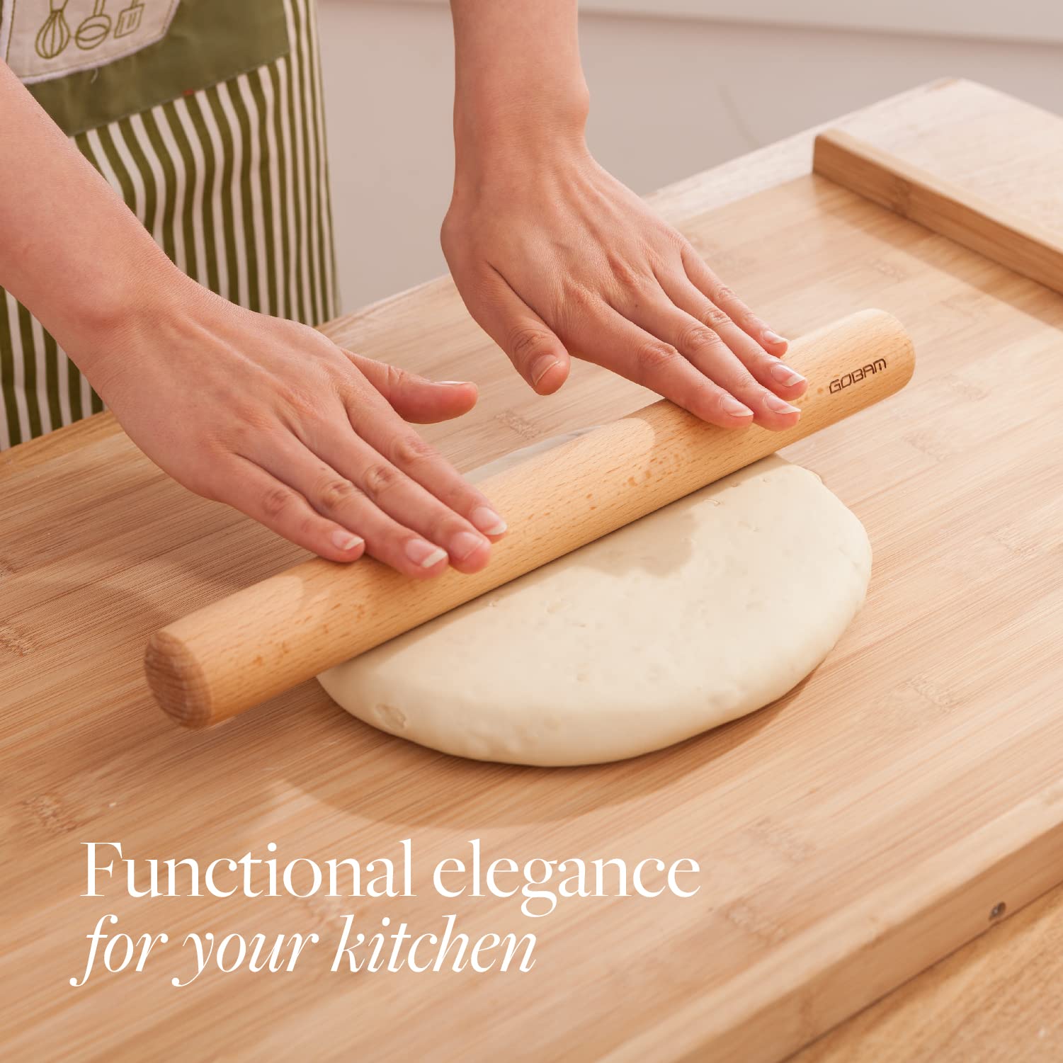 GOBAM Wood Rolling Pin in beech wood for durable, odor-free dough prep.