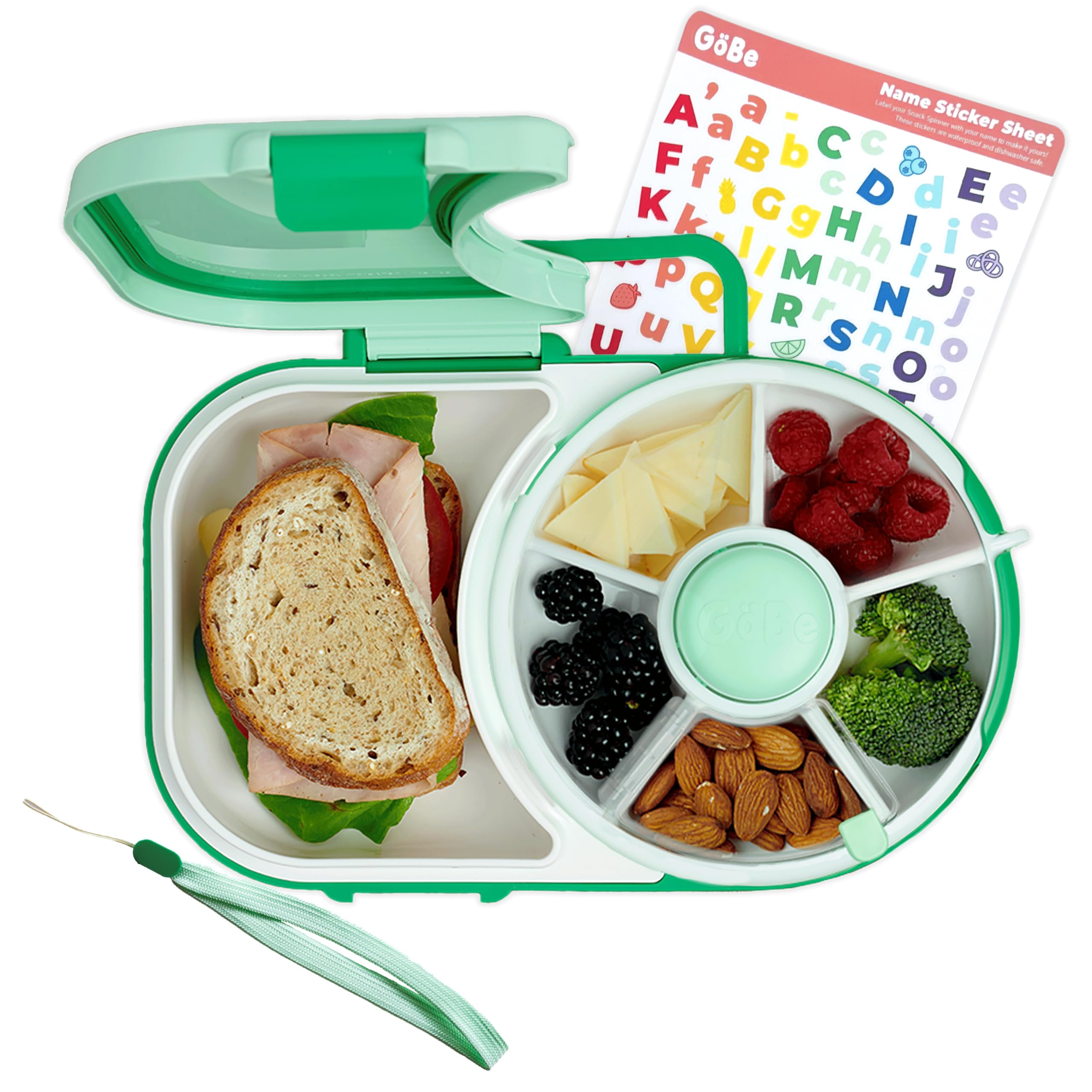 GoBe Kids Lunchbox with snack spinner showing five compartments for organized snacks.