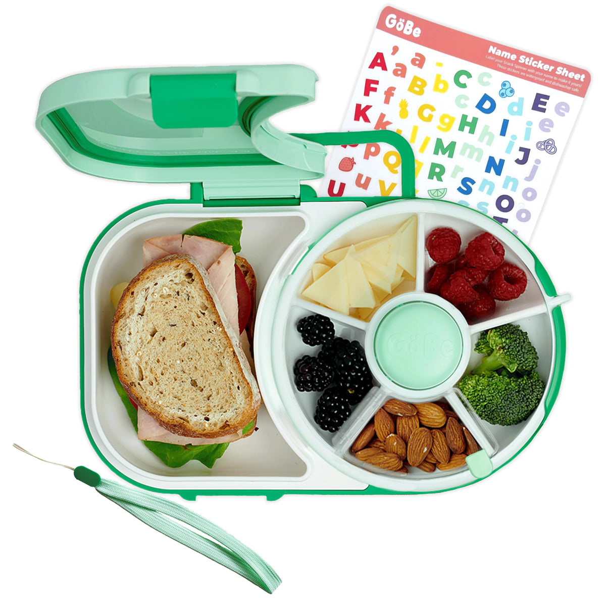 GoBe Kids Lunchbox with snack spinner showing five compartments for organized snacks.