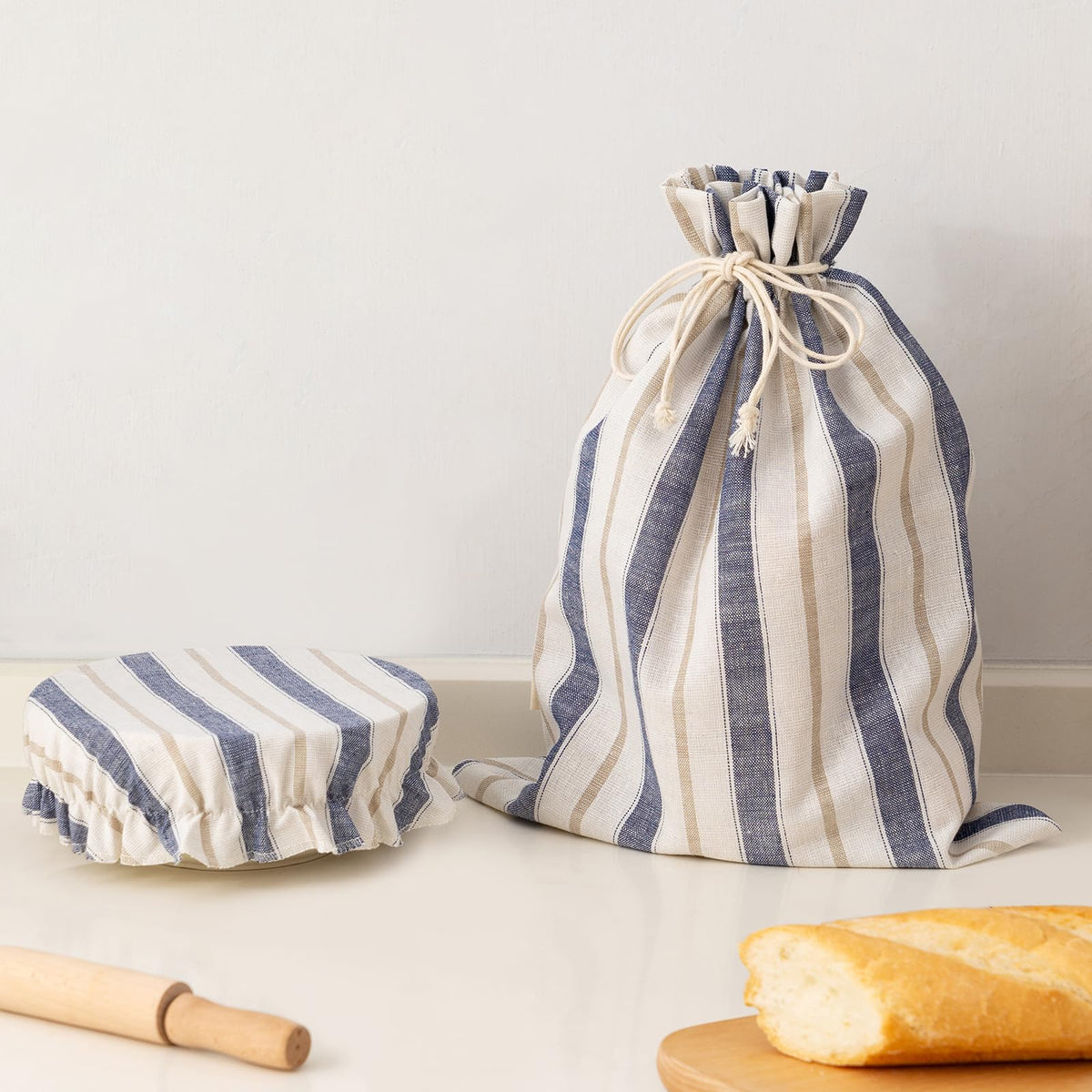 GobiSea linen bread bag with striped closure keeps sourdough fresh