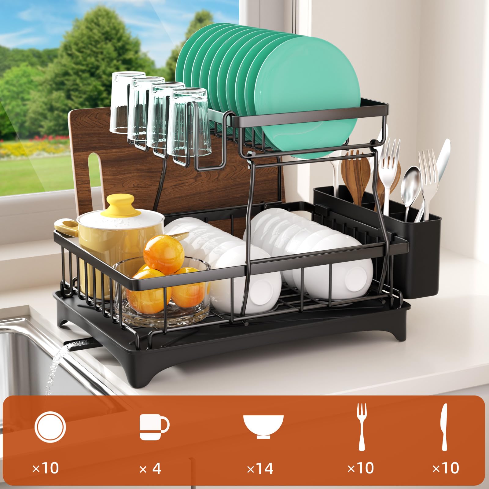 Godboat dish rack auto-drain outlet directs water away from counter
