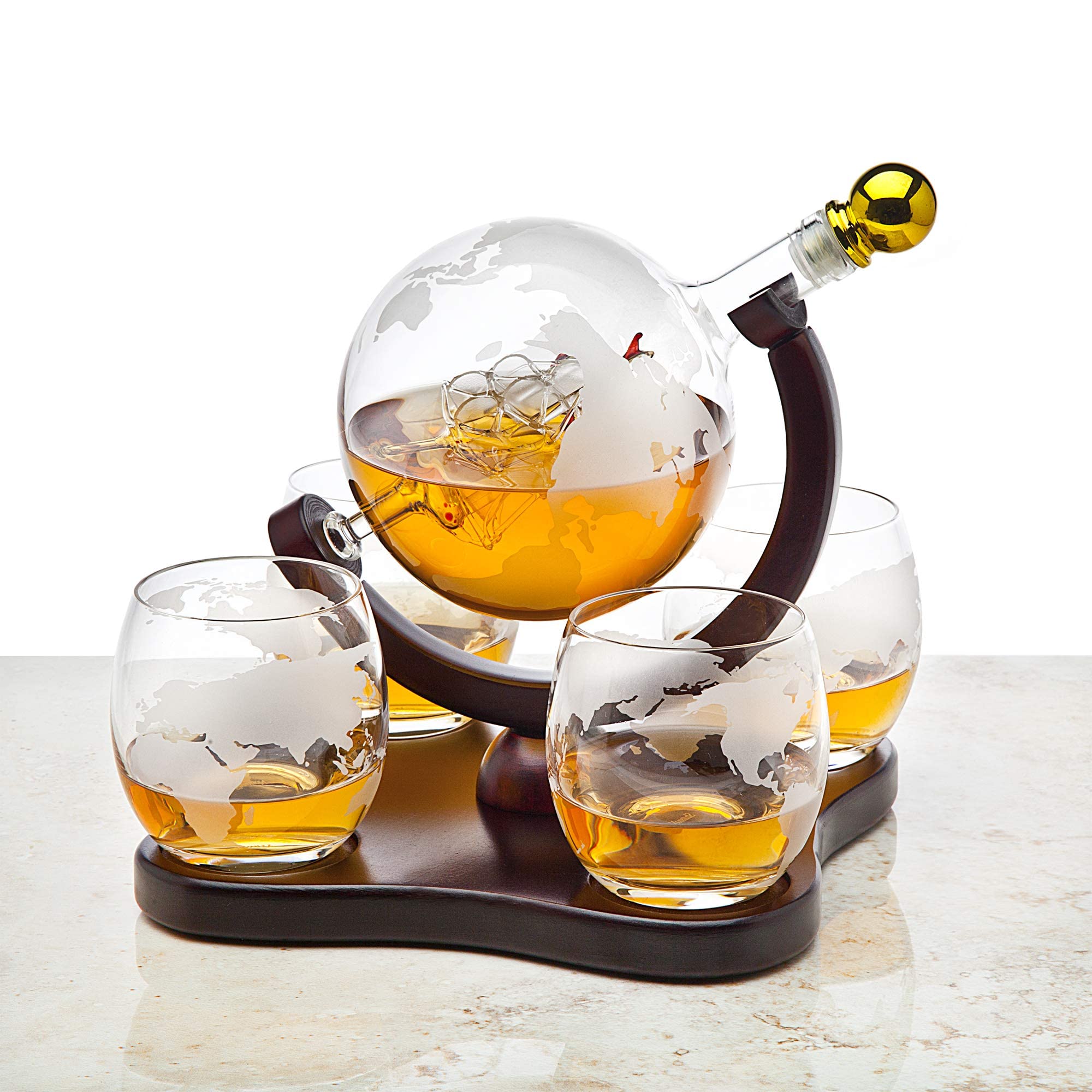 Godinger globe engraving with antique ship adds character to any bar