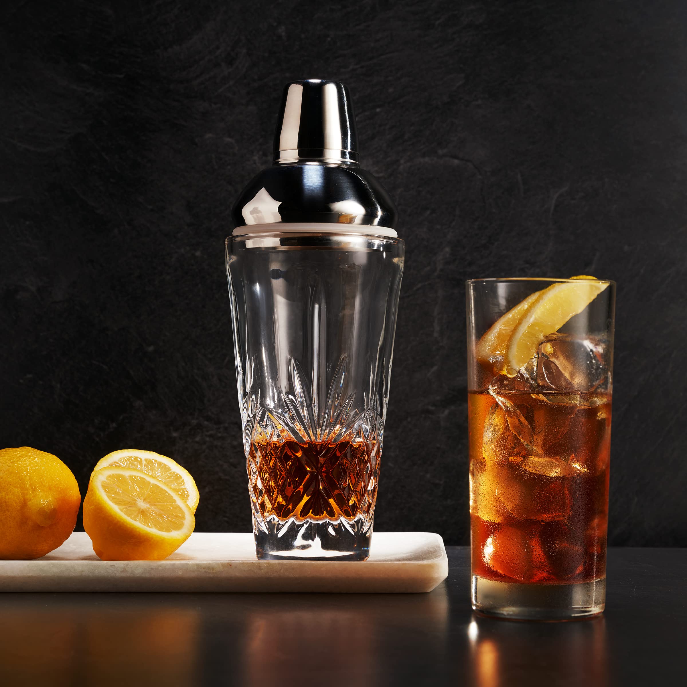 Godinger Dublin crystal martini shaker top view showing pour precision