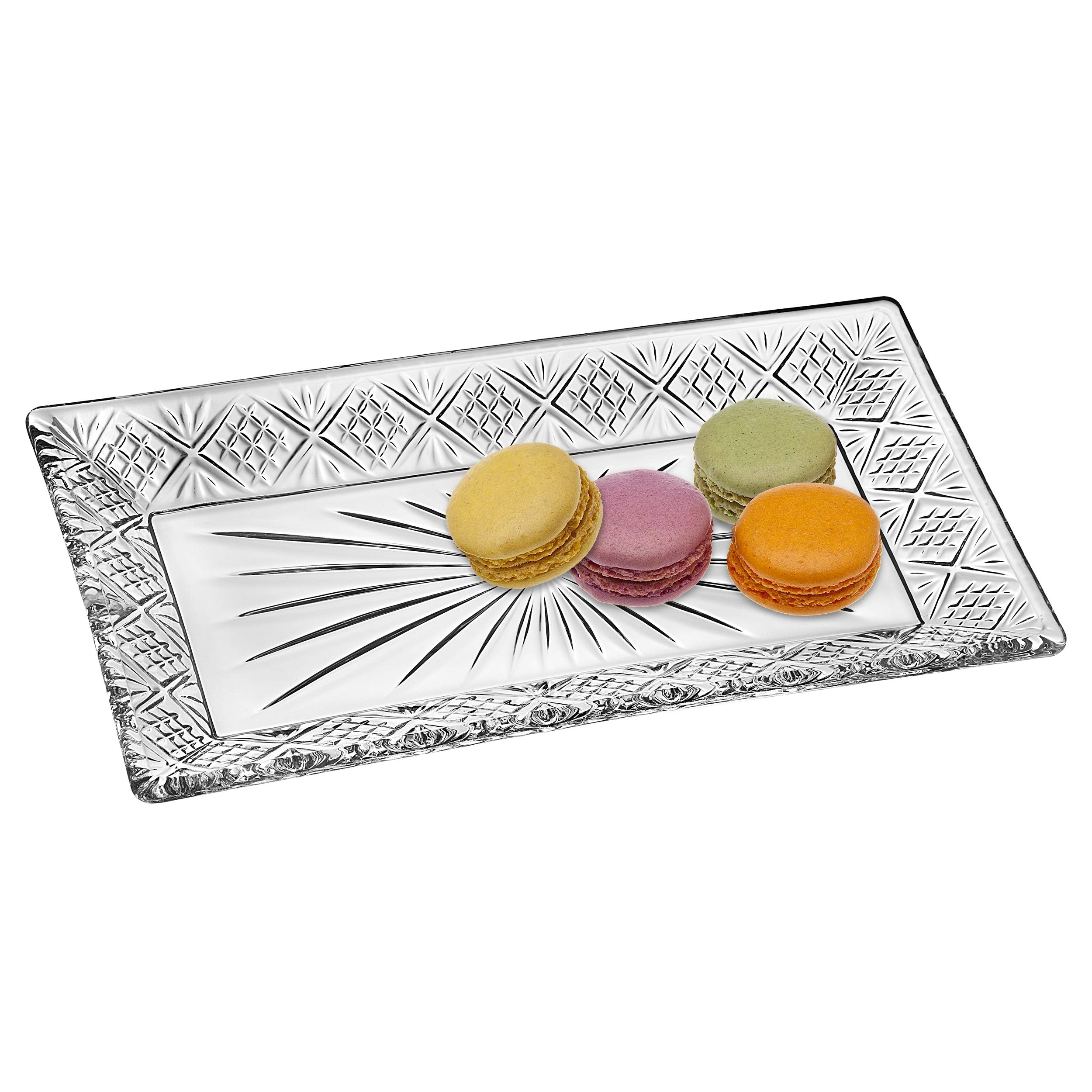 Godinger Dublin crystal tray side angle, showcases clarity for appetizers and desserts.