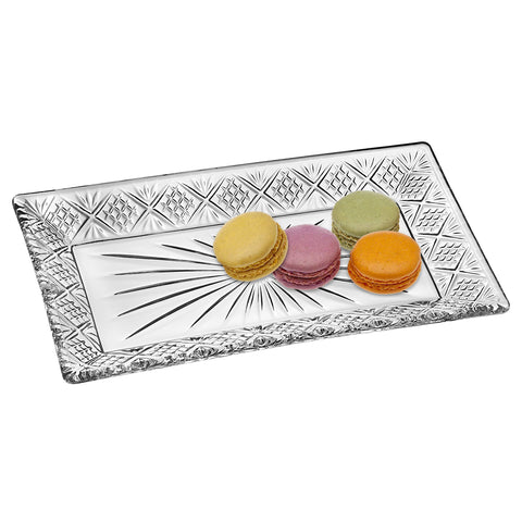 Godinger Dublin crystal tray side angle, showcases clarity for appetizers and desserts.