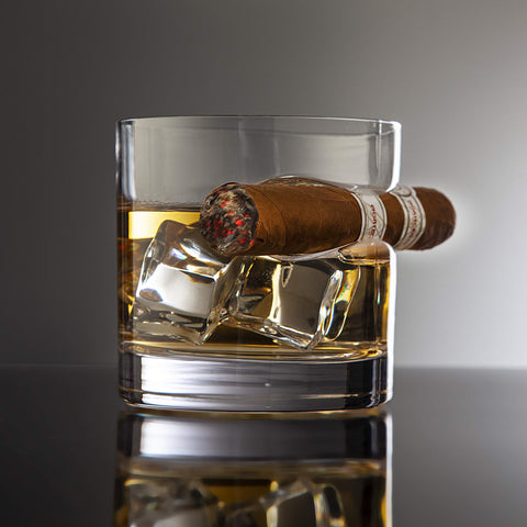 Godinger gift idea for cigar lovers combining whiskey glass and cigar resting.