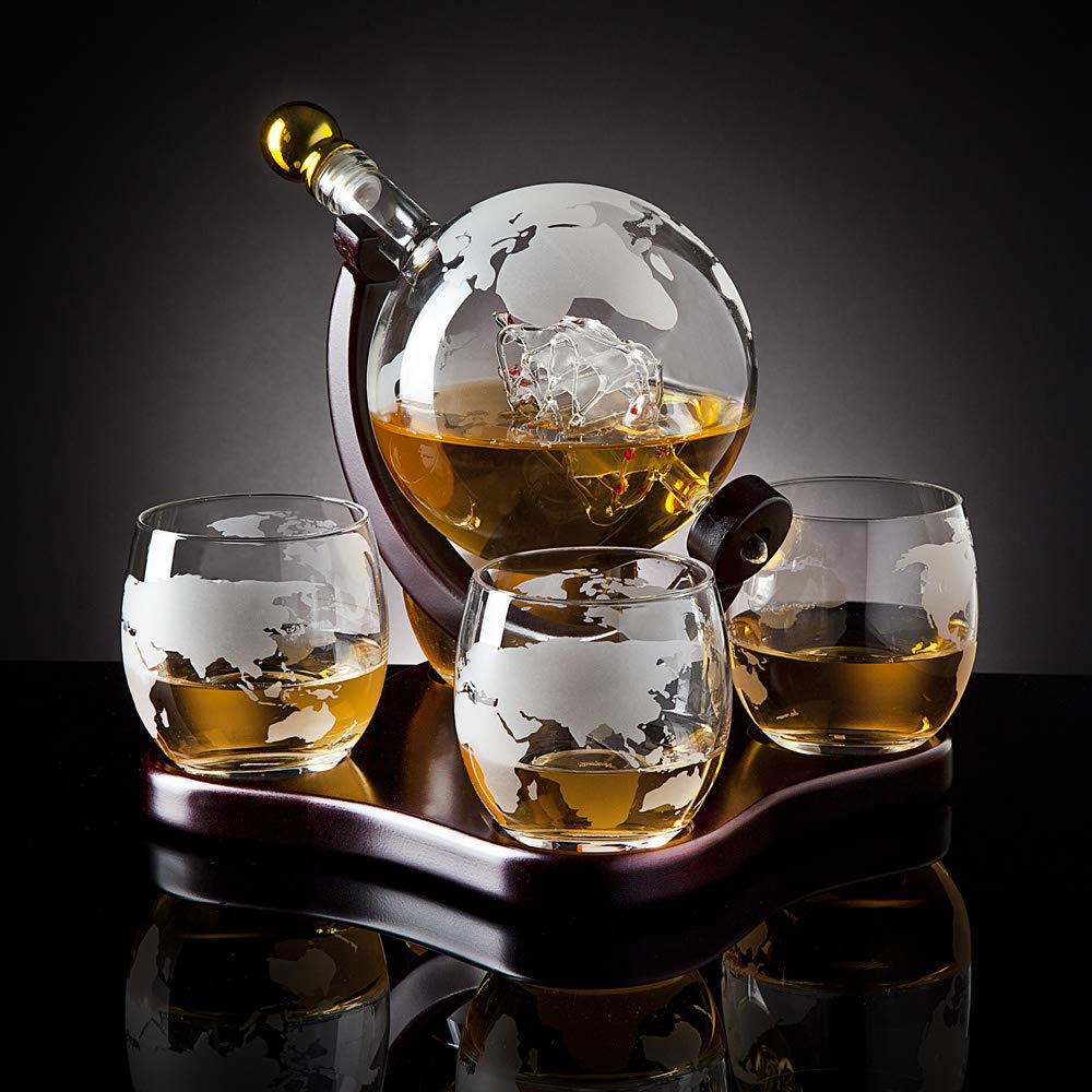 Godinger four globe-design glasses on mahogany tray for coordinated serving