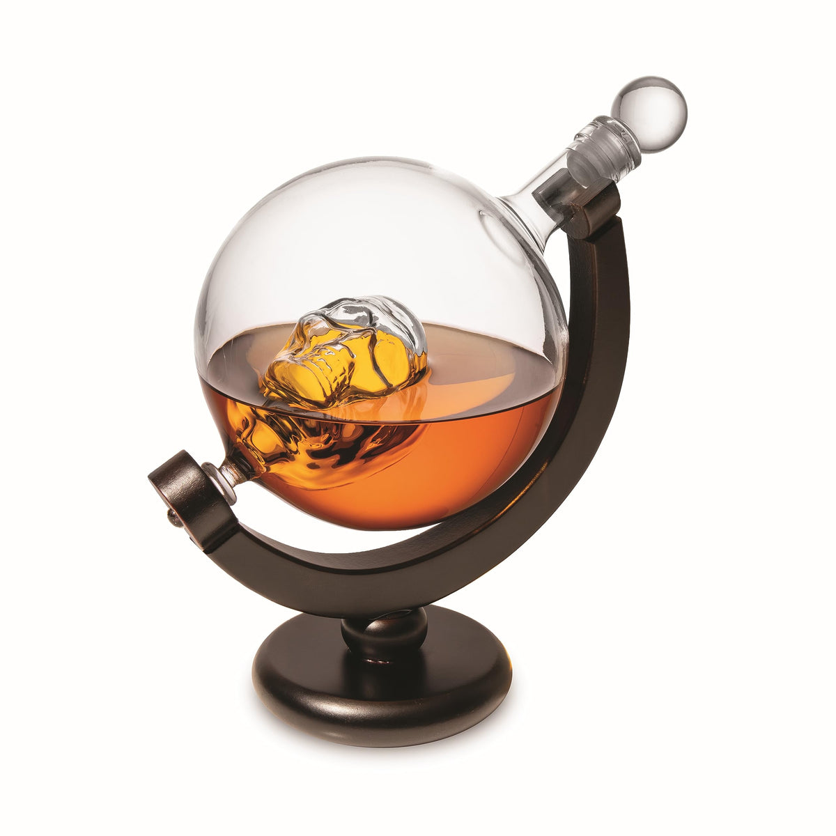 Godinger Skull Whiskey Decanter on mahogany stand, ideal for stylish entertaining.