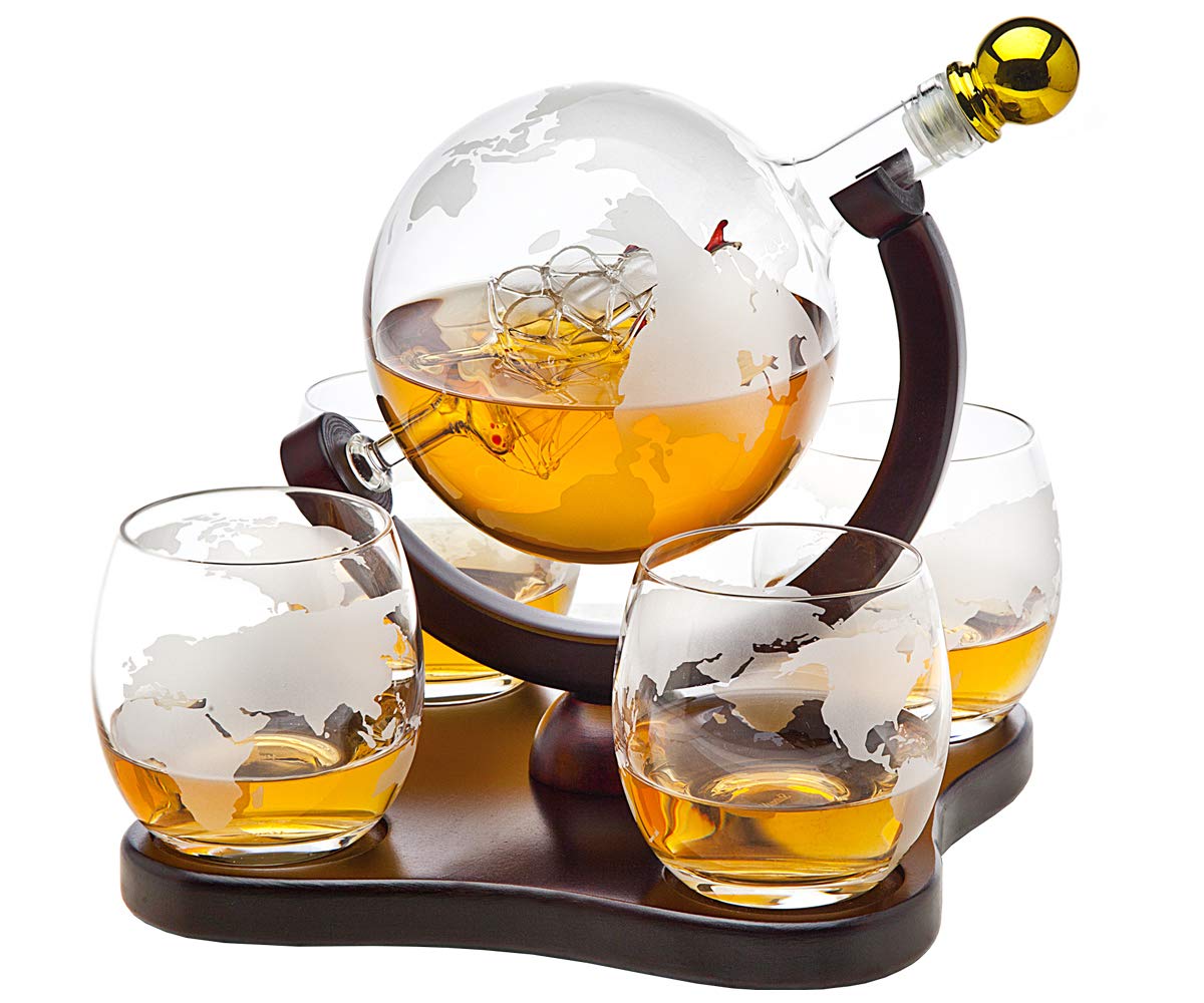 Godinger whiskey decanter globe etched design enhances an elegant home bar display