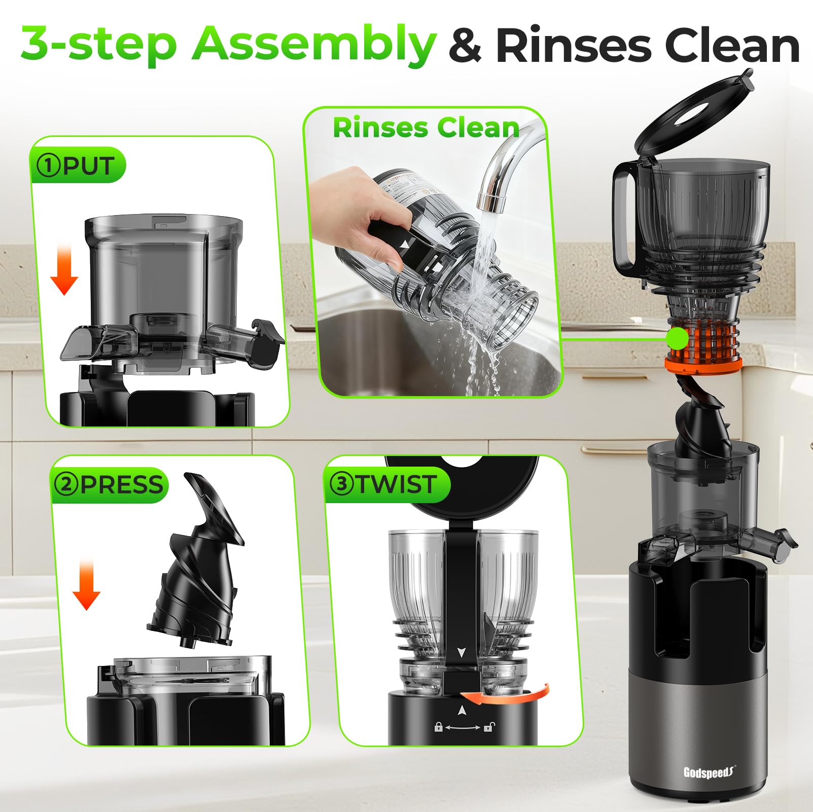 Godspeeds juicer demonstrating quick 3-step assembly