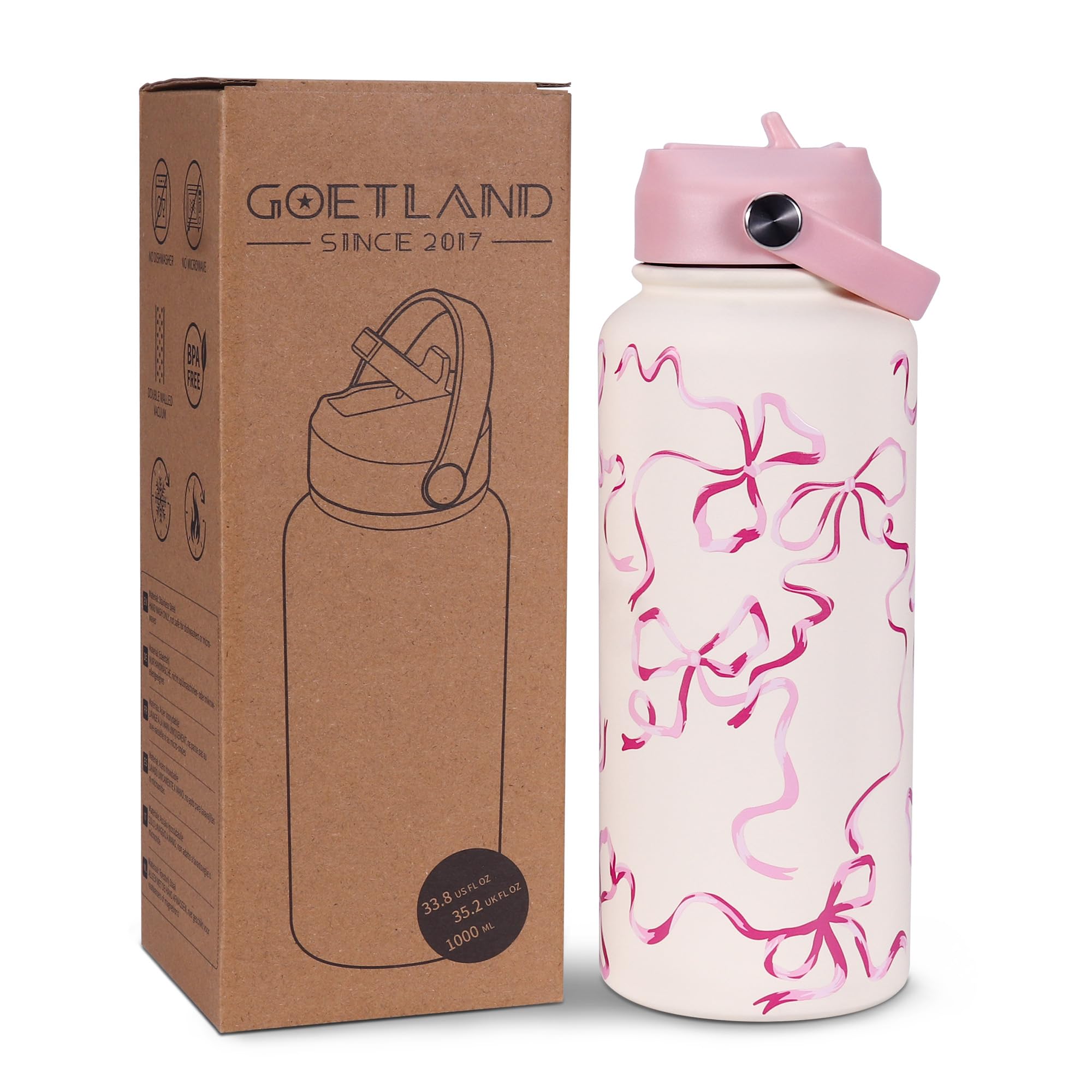 Goetland Ribbon water bottle 32oz with straw lid showing wide mouth for easy filling.