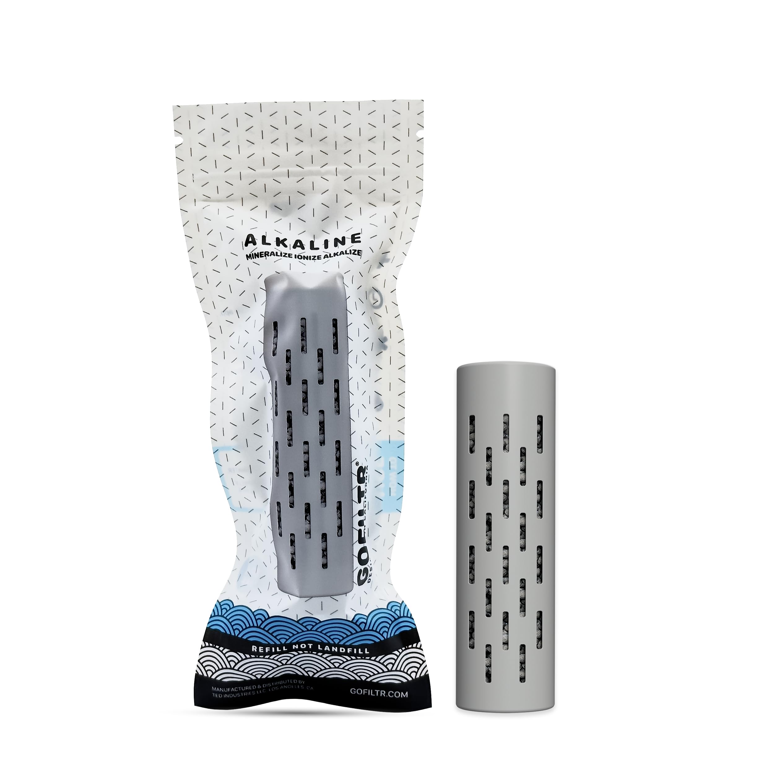 GOFILTR alkaline water infuser inside a bottle for mineral ionized hydration.