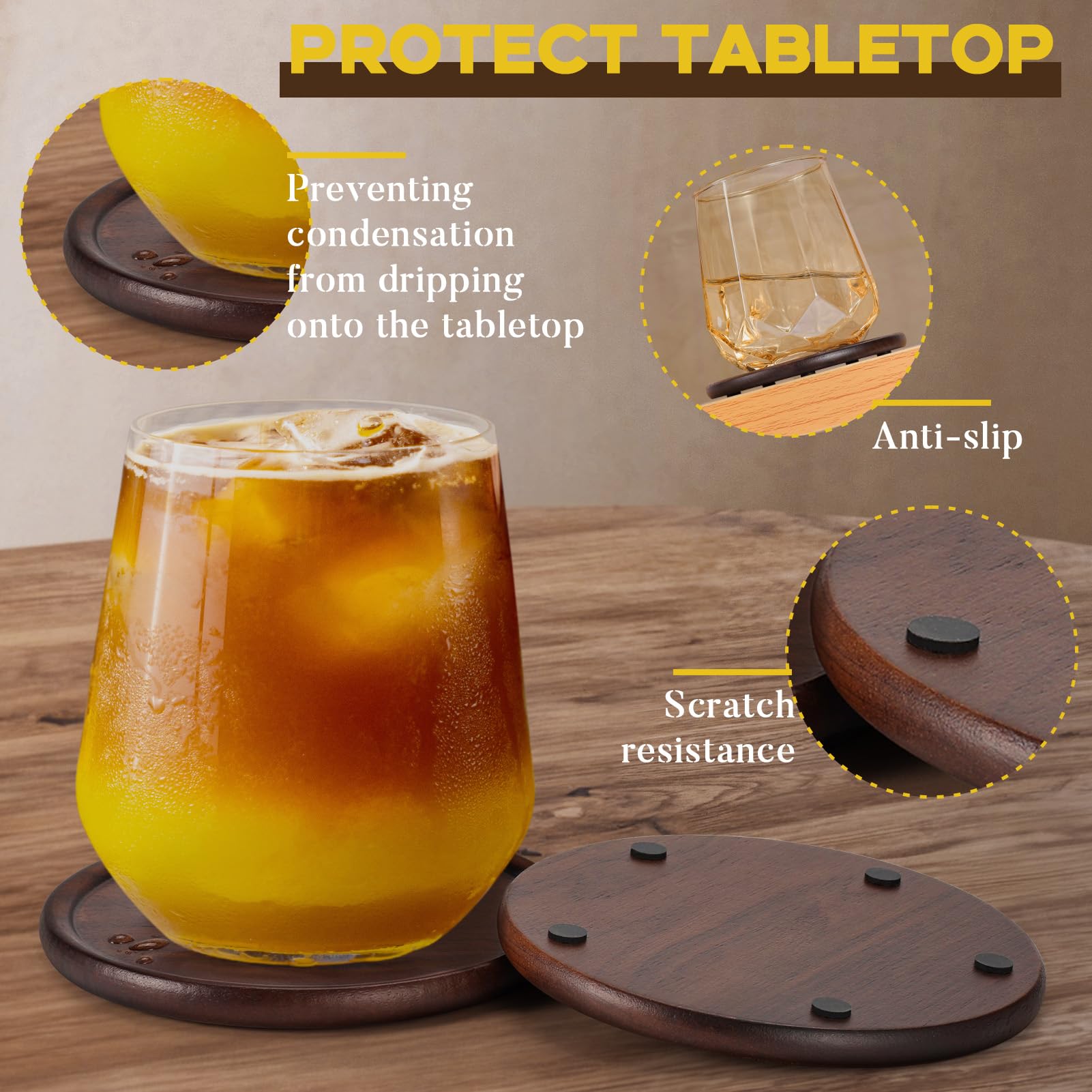 Goh Dodd coasters on a coffee table demonstrate stable placement and spill protection.