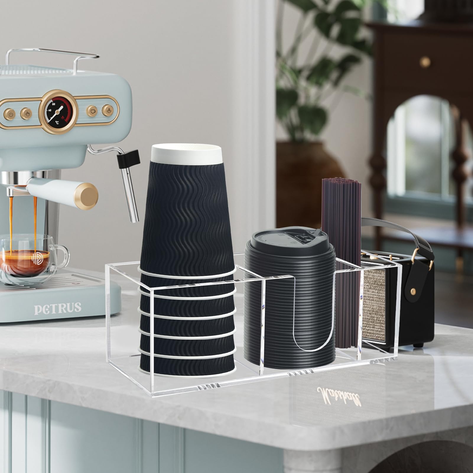 Goindy 3-slot station organizes cups, lids, and accessories neatly for busy mornings.