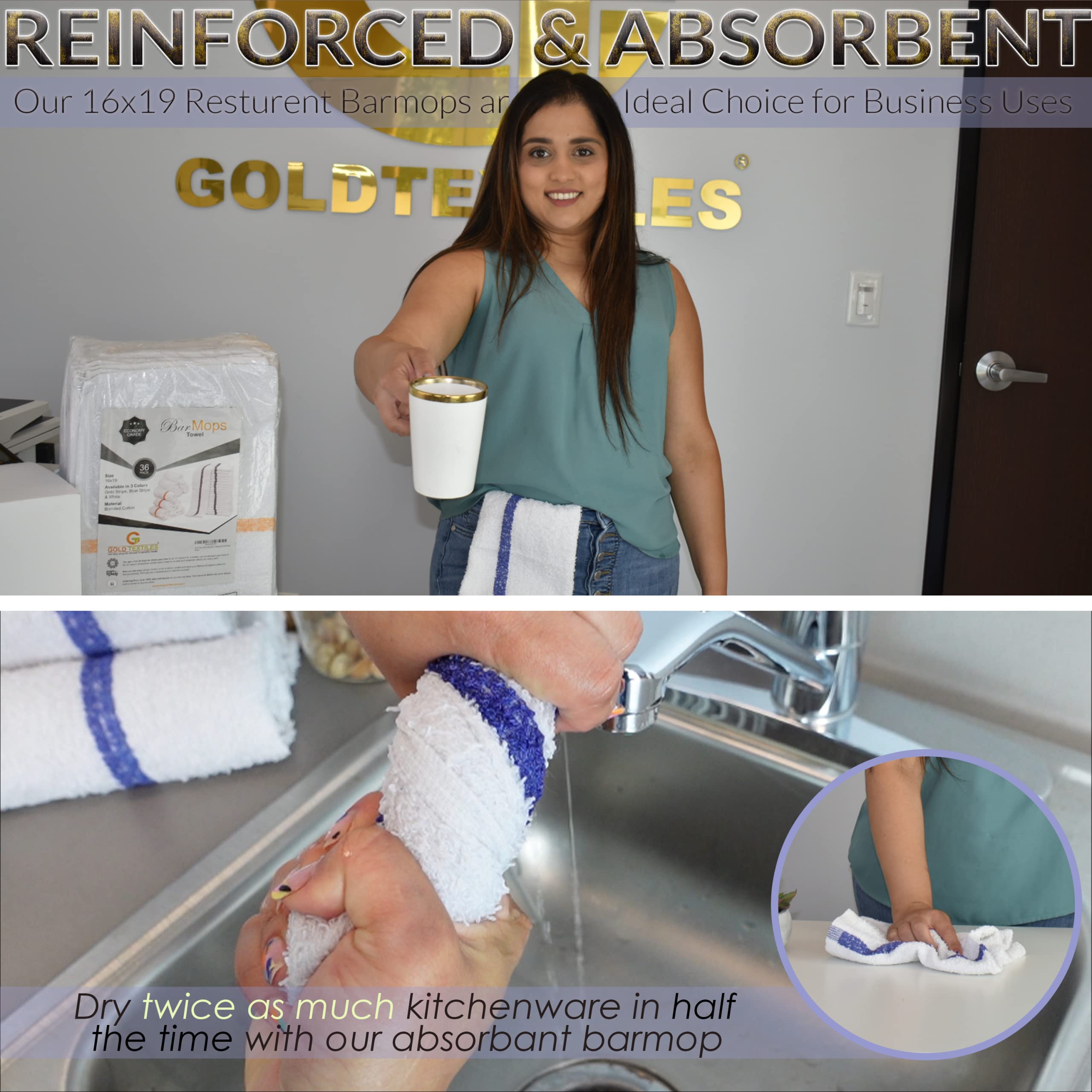 Gold Textiles bar mop set shown in a restaurant kitchen for a clean look.