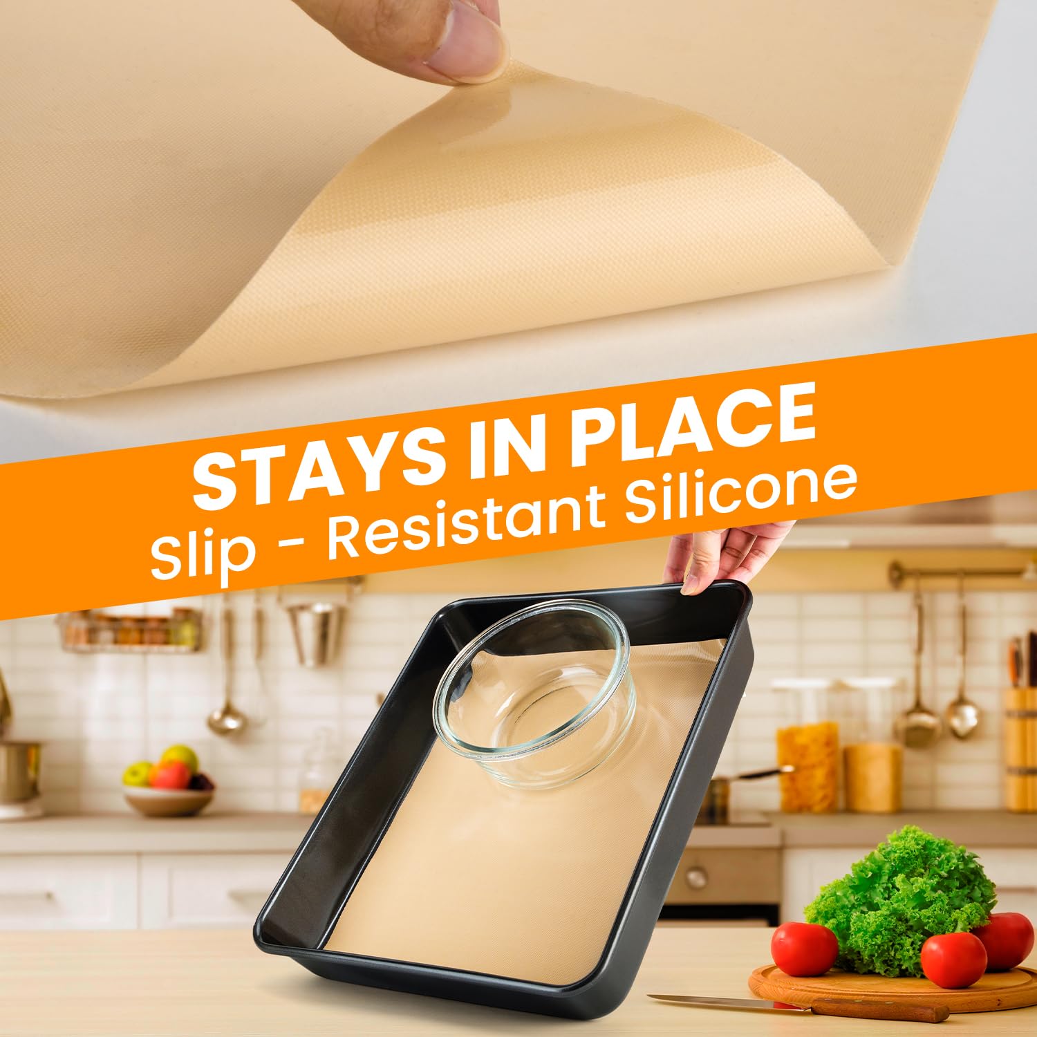 Goldeer cut-to-fit mat easy to trim for any pan size.