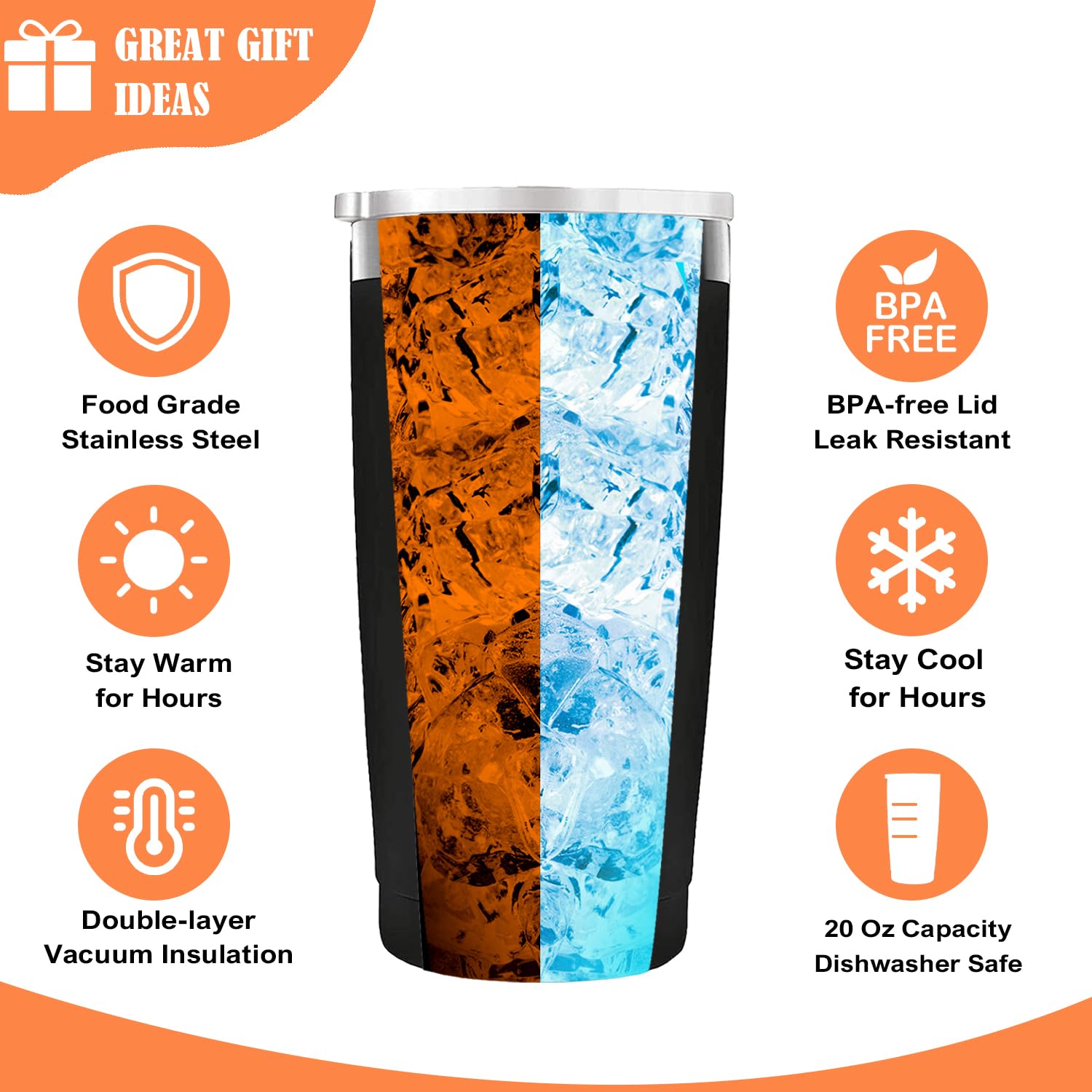 Golden Associate insulated stainless steel mug preserves hot or cold drinks for hours.