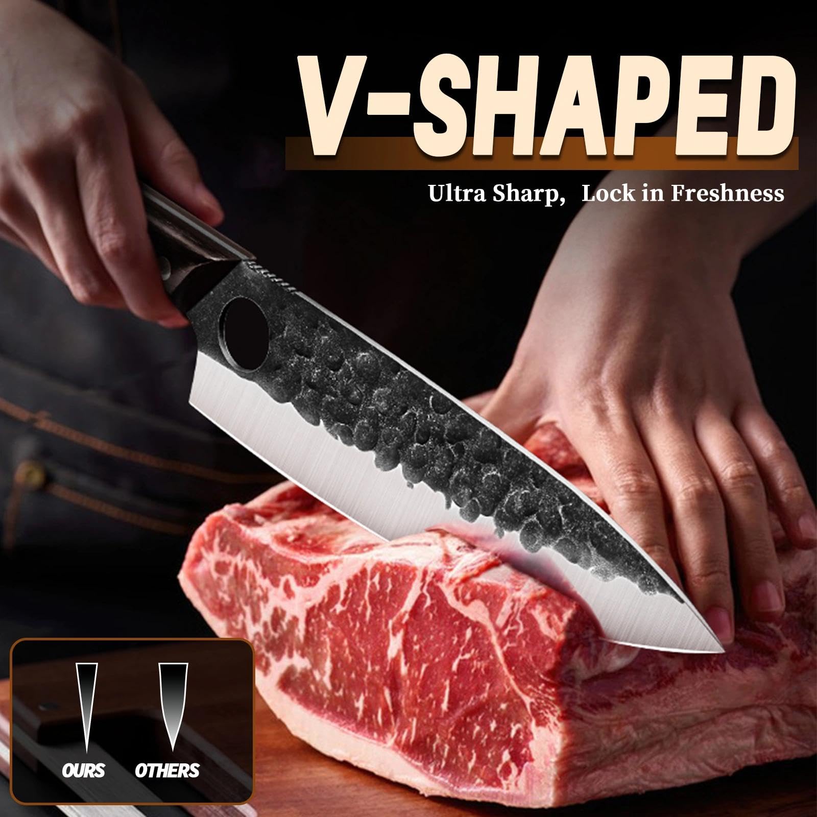 Golden Bird 8 inch Chef Knife slices with precision for even cuts.
