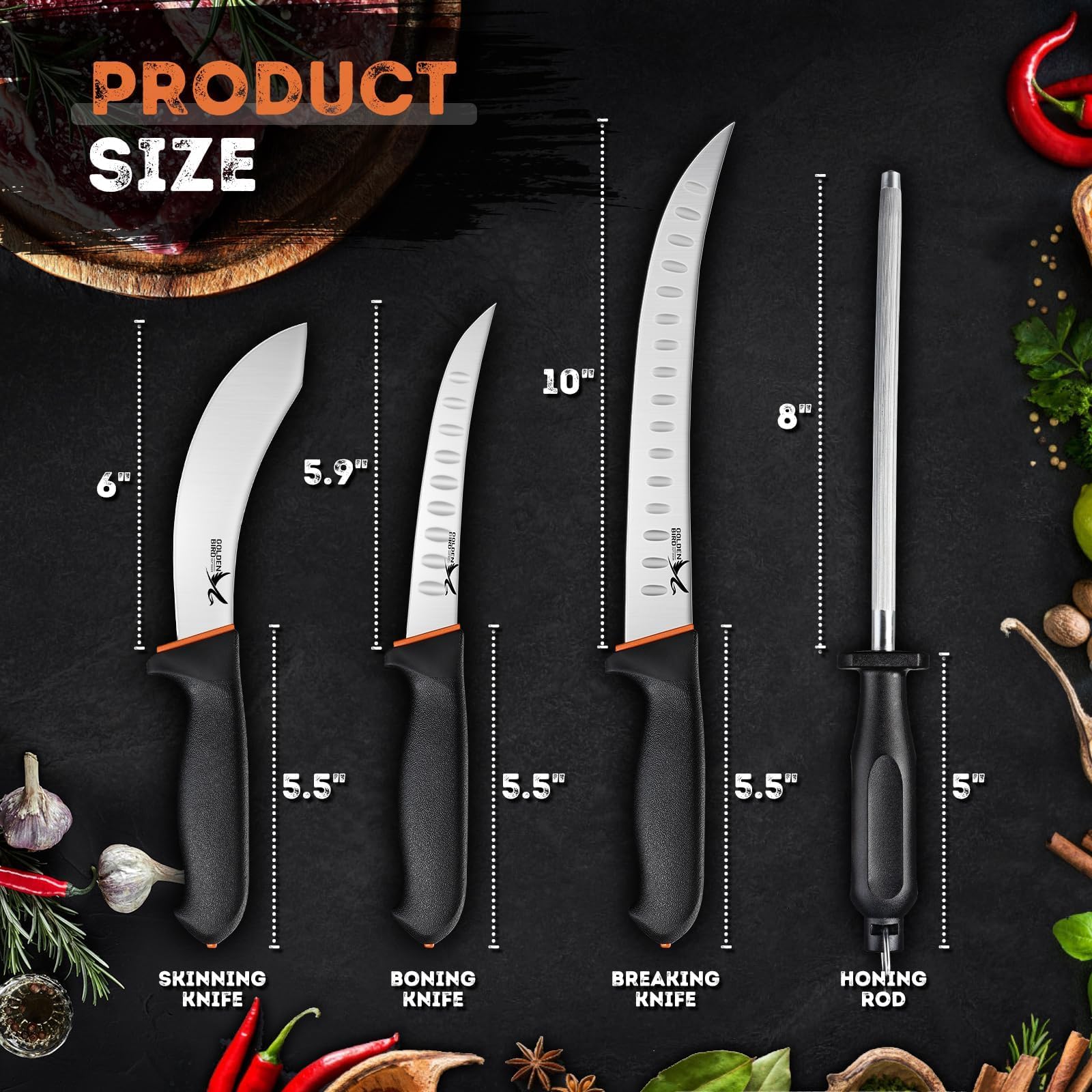 Golden Bird skinning knife 6in with ergonomic handle for comfortable prep.
