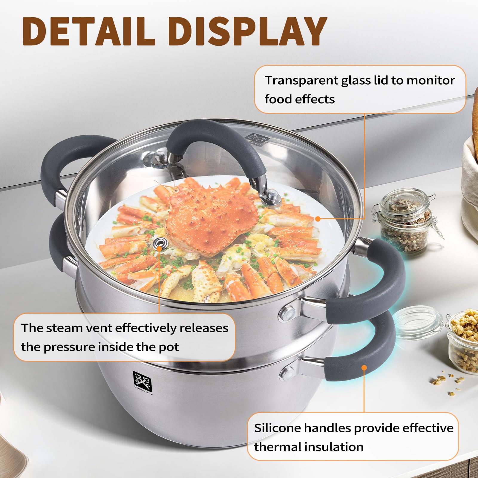 GOLDEN KEY glass lid with vents helps monitor cooking safely.