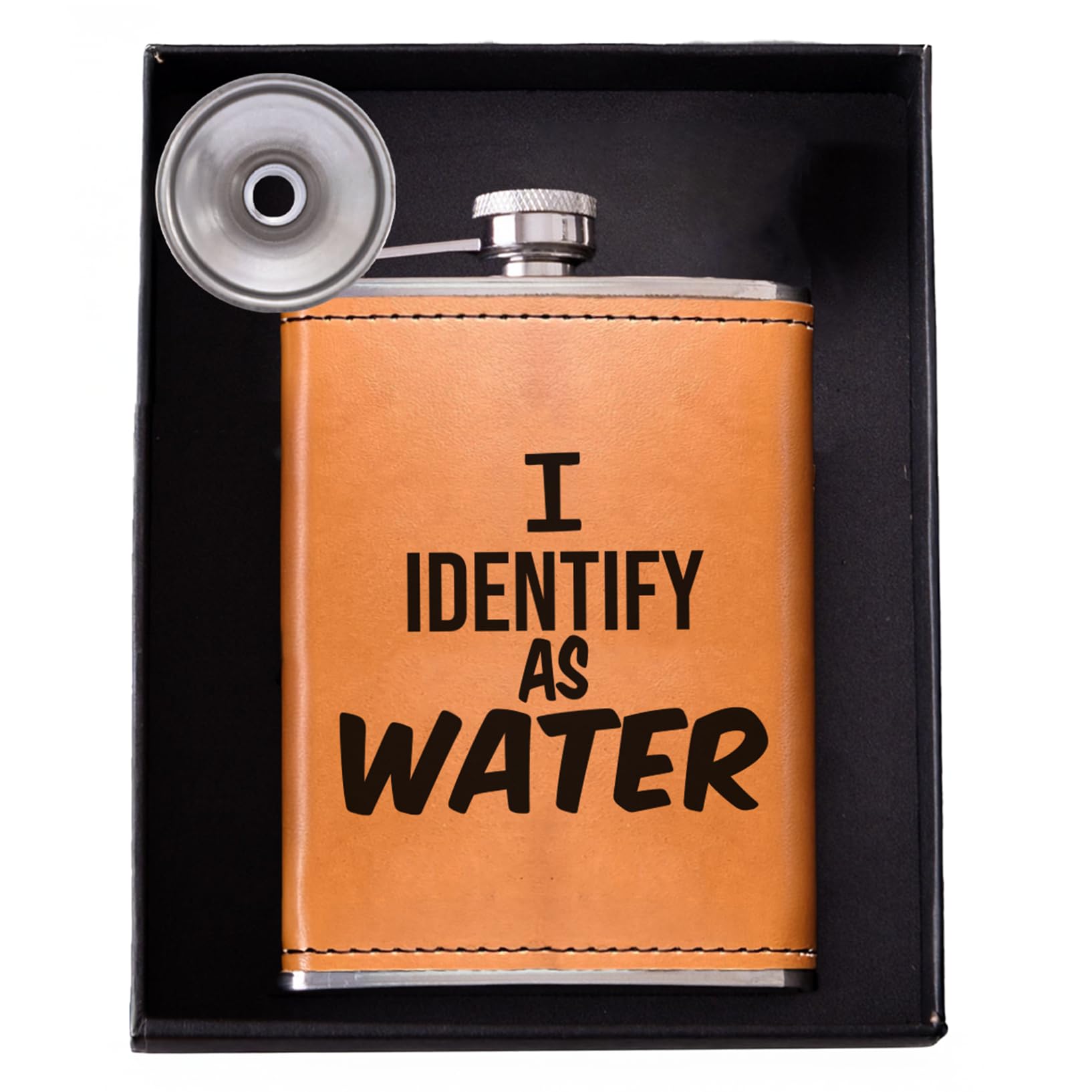 Golden Rain 8oz leather flask with funnel for mess-free filling.
