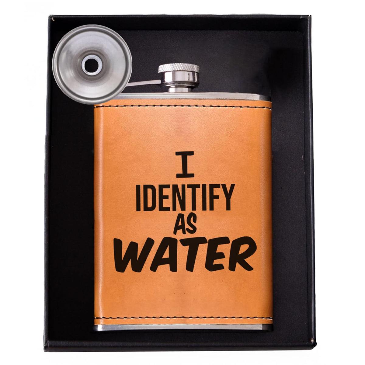 Golden Rain 8oz leather flask with funnel for mess-free filling.